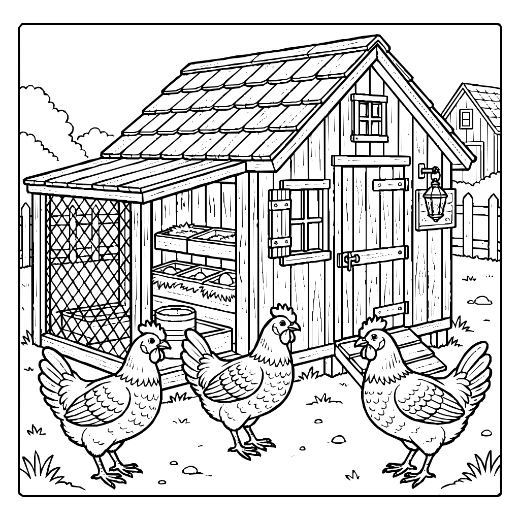 Chicken Coop Hens Rooster Coloring Page