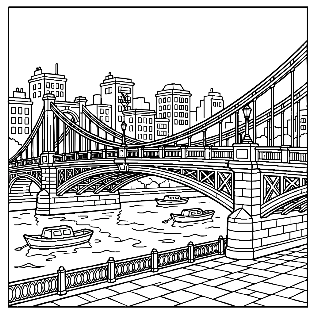 City Bridge Crossing Water Below Coloring Page