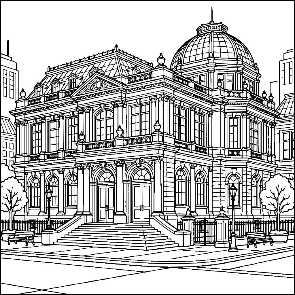 City Library Architecture Coloring Page