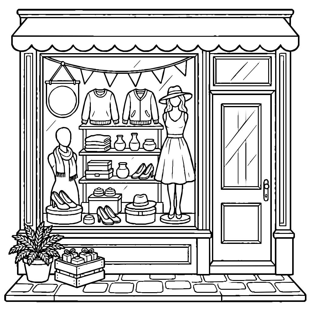 City Neighborhood Boutique Shopping Window Coloring Page
