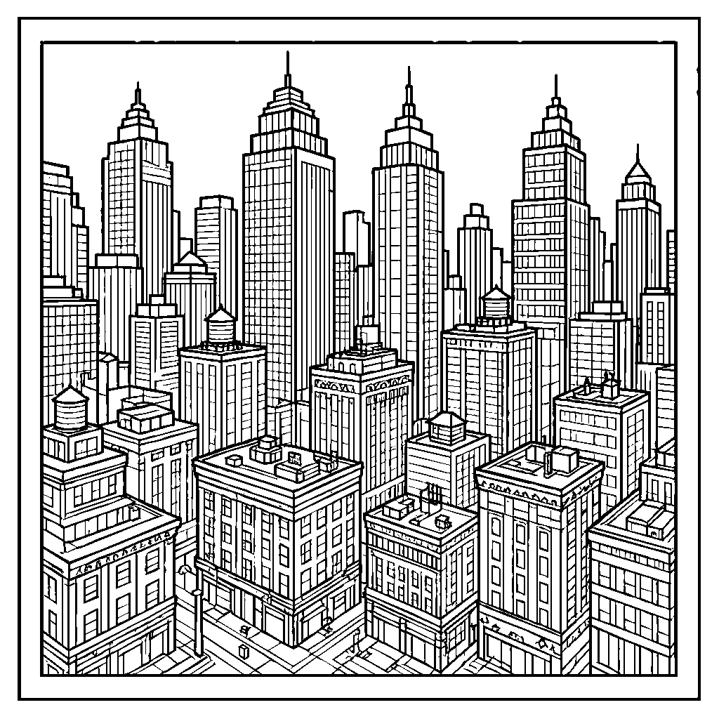 City Skyscraper Golden Hour Coloring Page