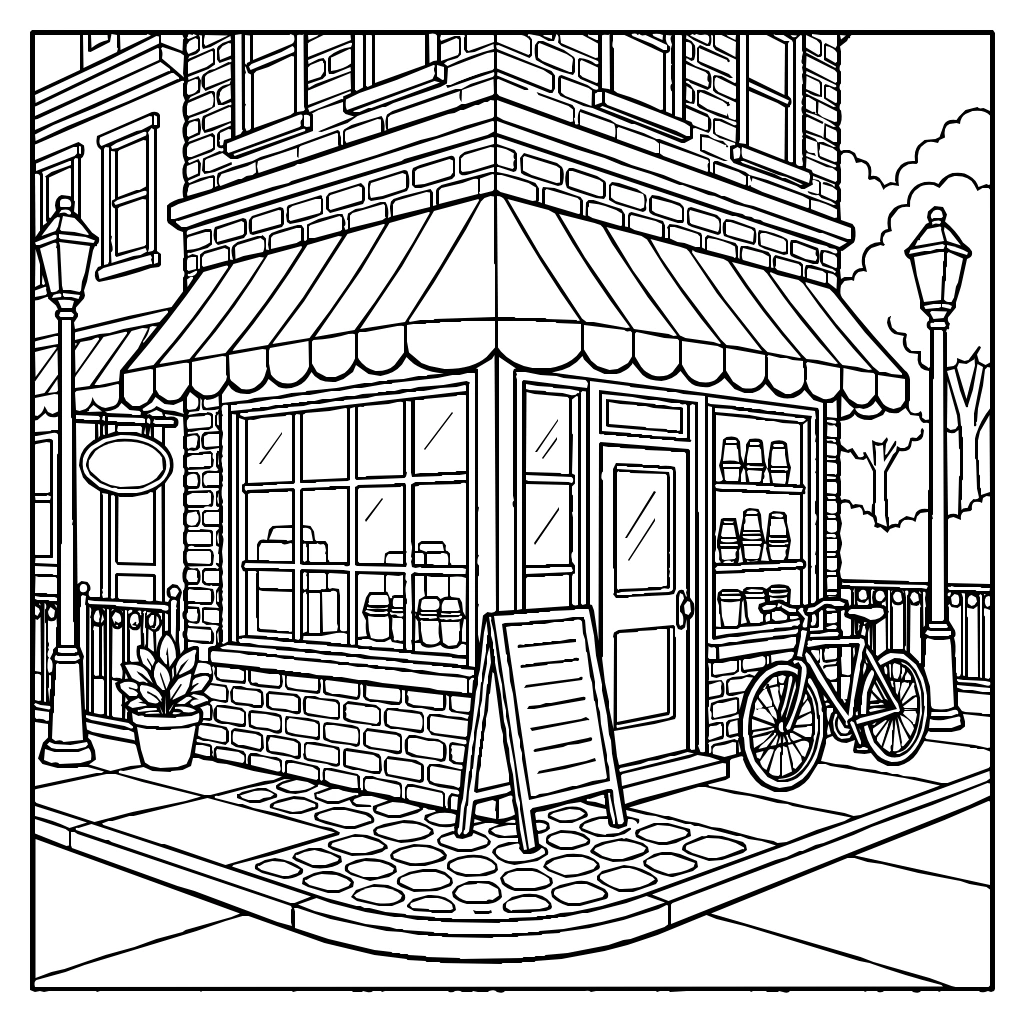 City Street Corner Coffee Shop Exterior Coloring Page