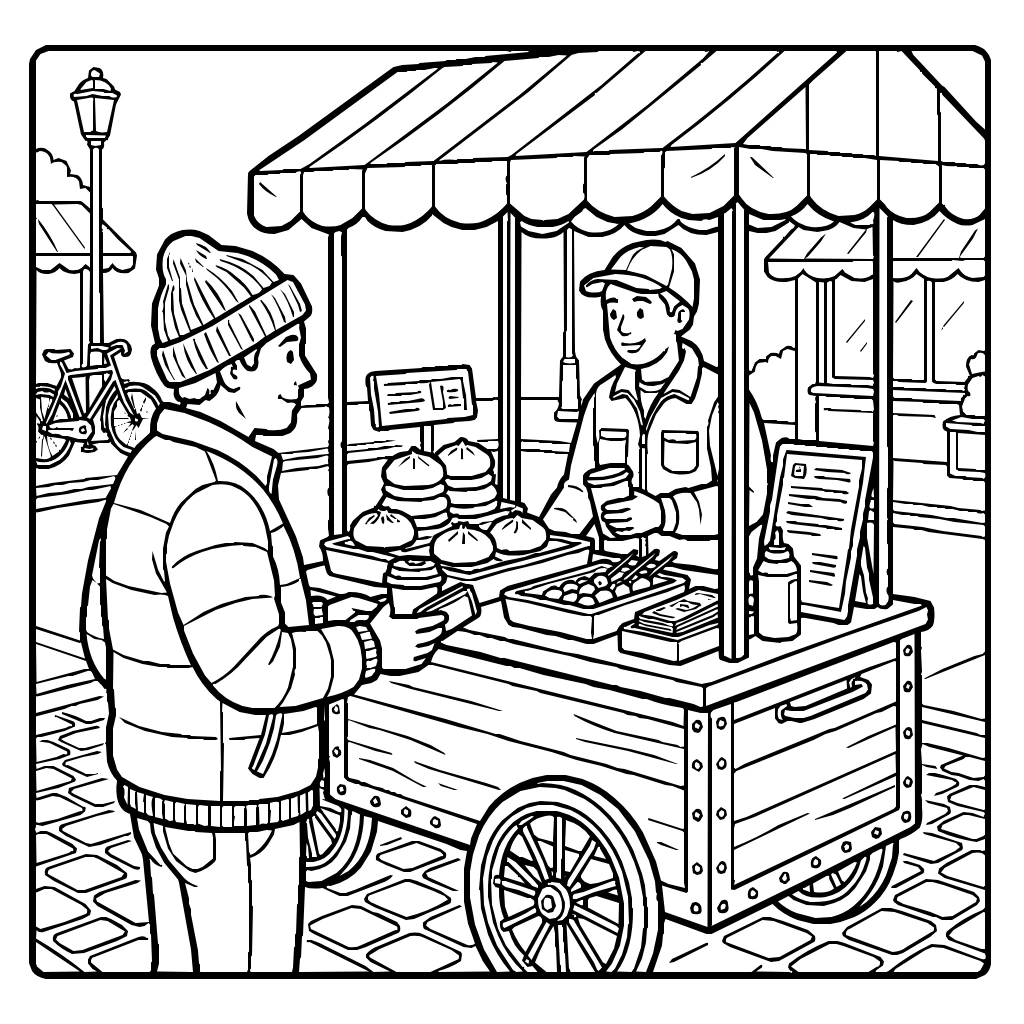 City Street Food Cart Customer Ordering Coloring Page