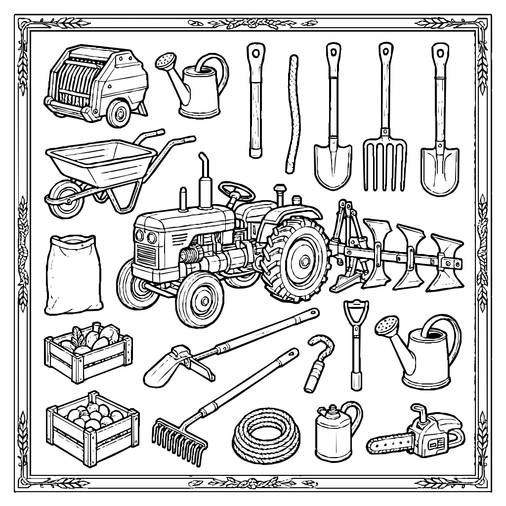 Collection Farm Equipment Tools Coloring Page