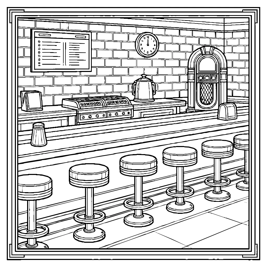 Counter Vinyl Stools Diner Coloring Page