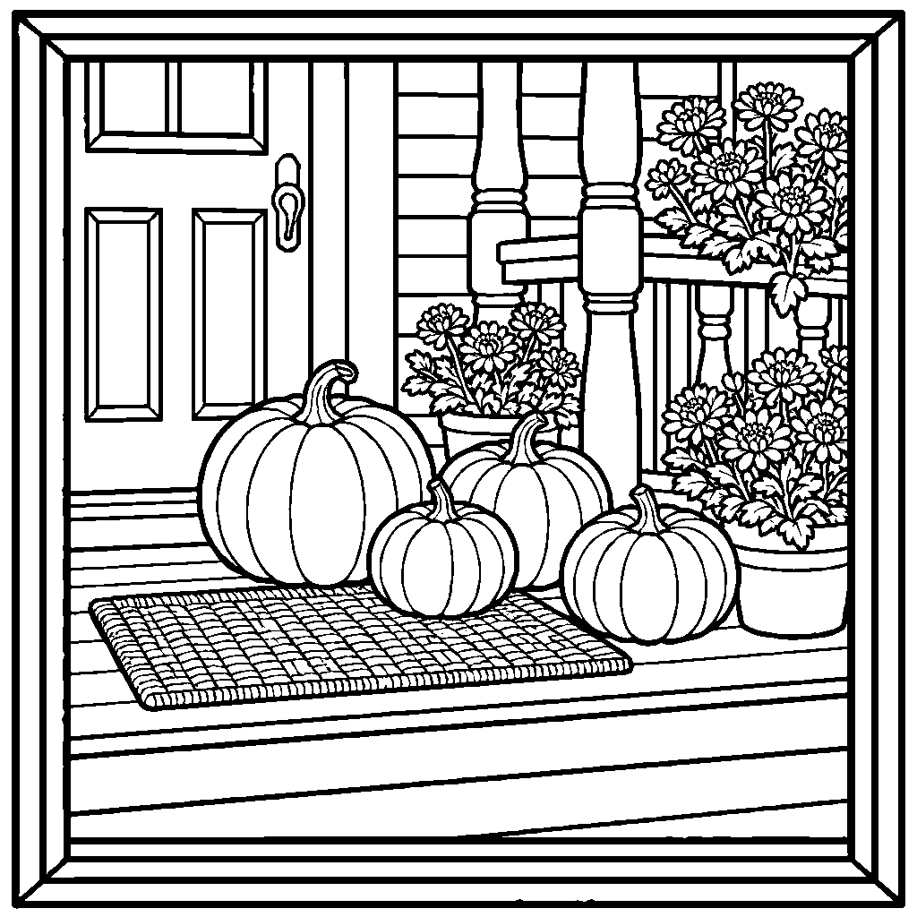 Cozy Autumn Porch Pumpkins Mums Welcome Mat Coloring Page