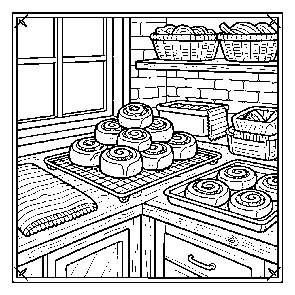 Cozy Bakery Cinnamon Rolls Cooling Rack Coloring Page