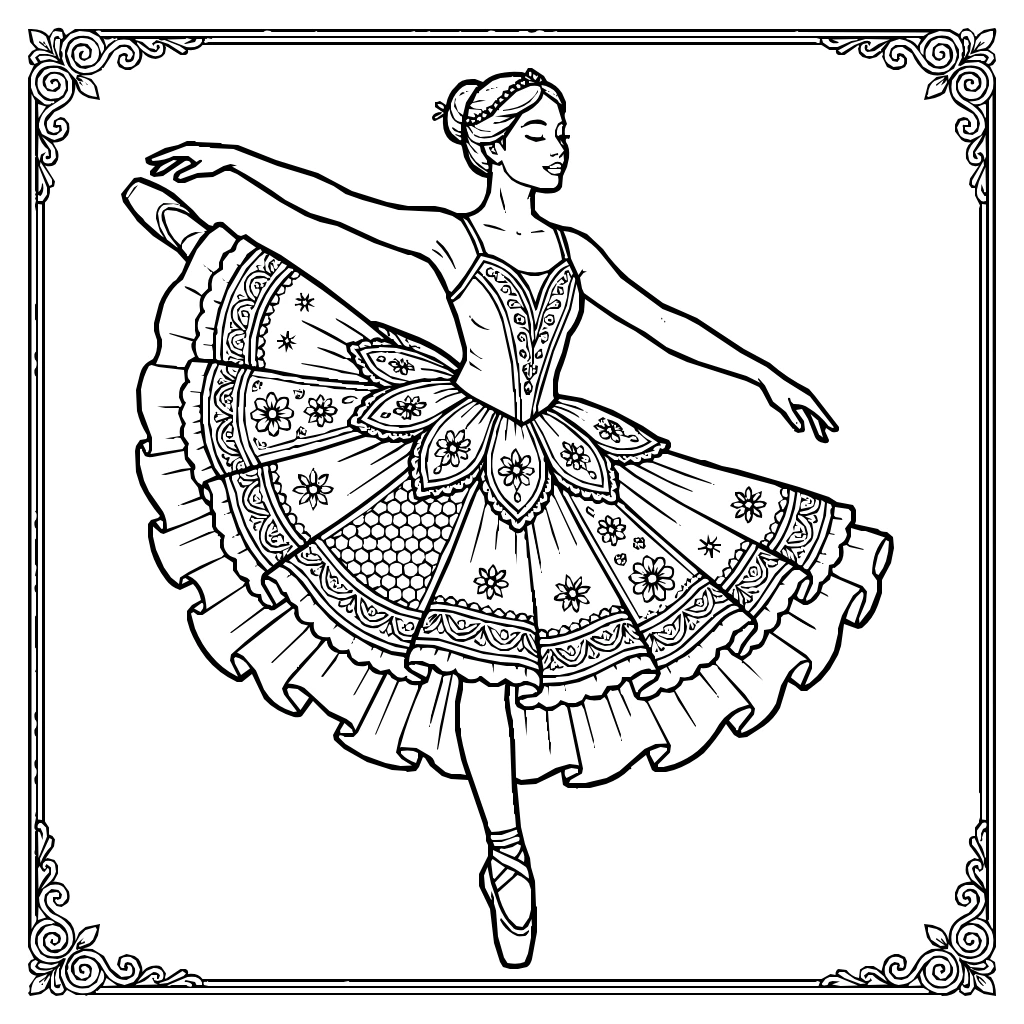Dance Ballerina Arabesque Pointe Tutu Coloring Page