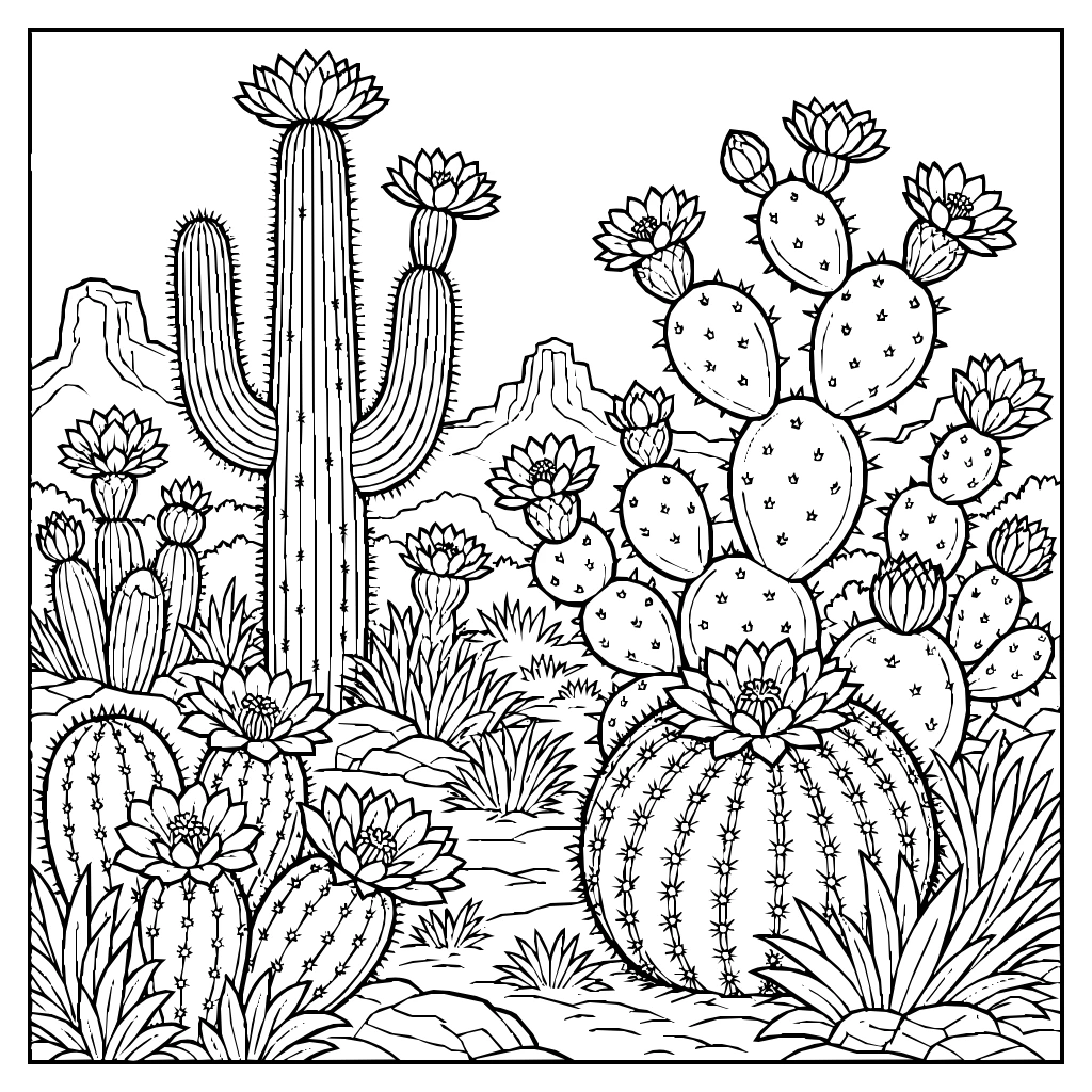 Desert Landscape Blooming Cacti Coloring Page