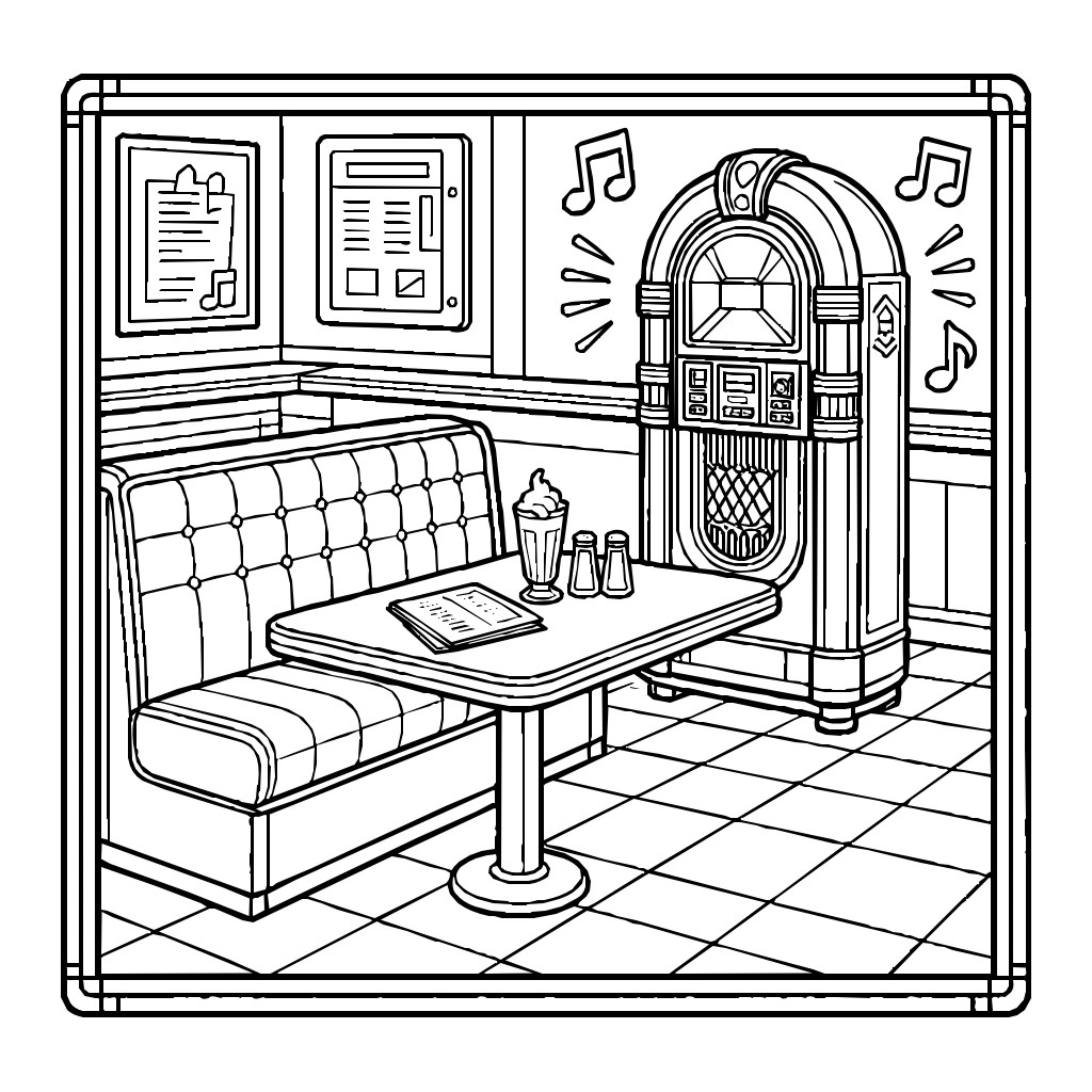 Diner Booth Jukebox Tune Coloring Page