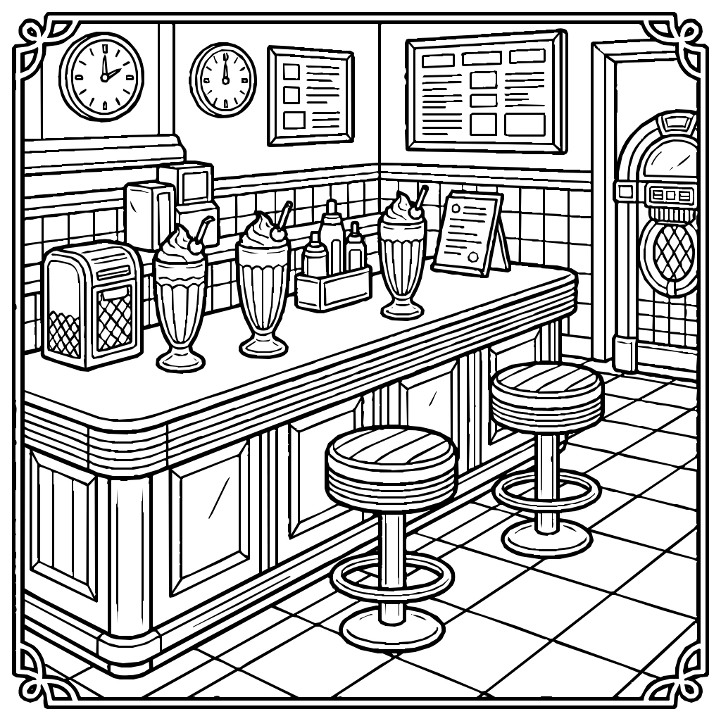 Diner Counter Milkshake Stools Coloring Page