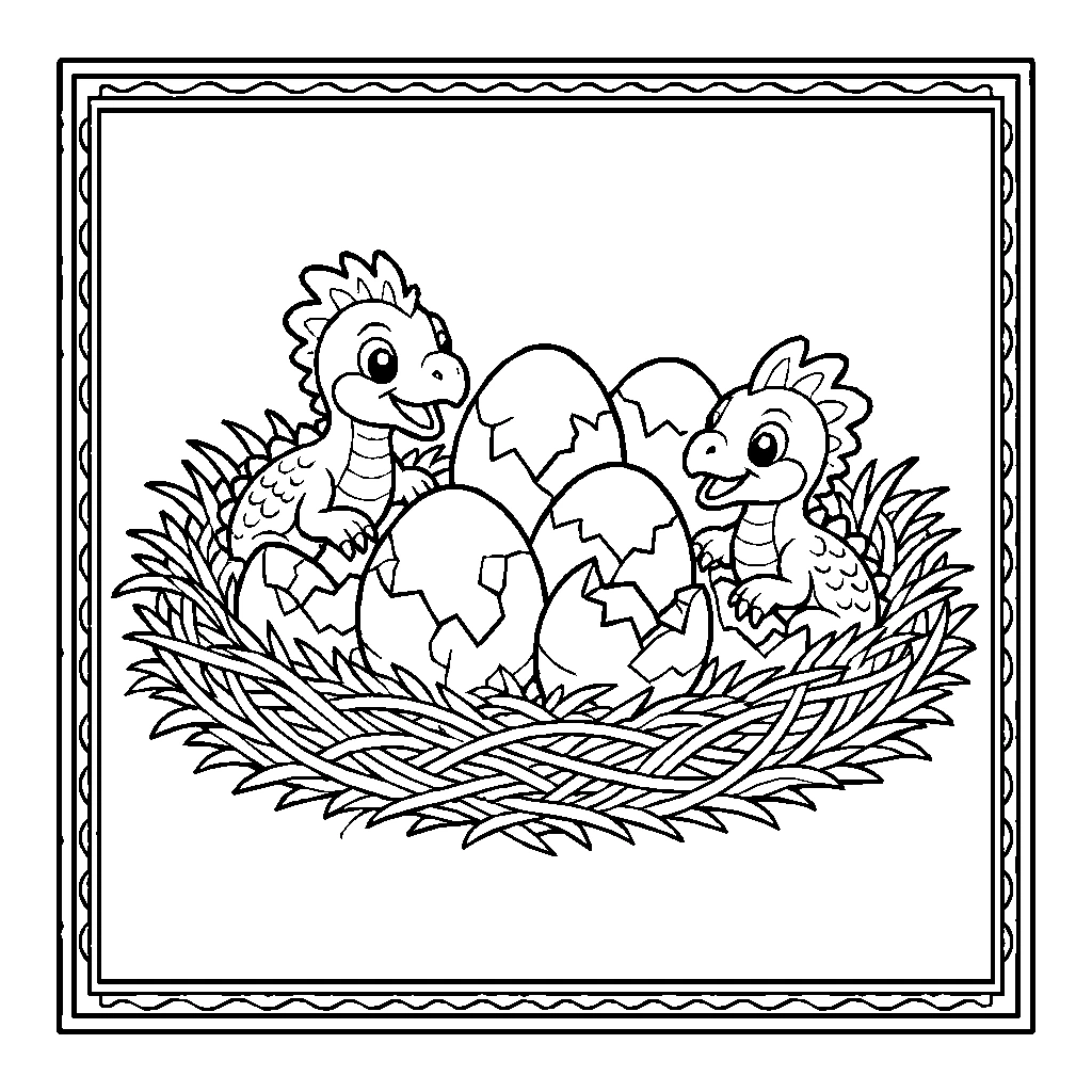 Dino Nest Cracked Eggs Hatchlings Coloring Page