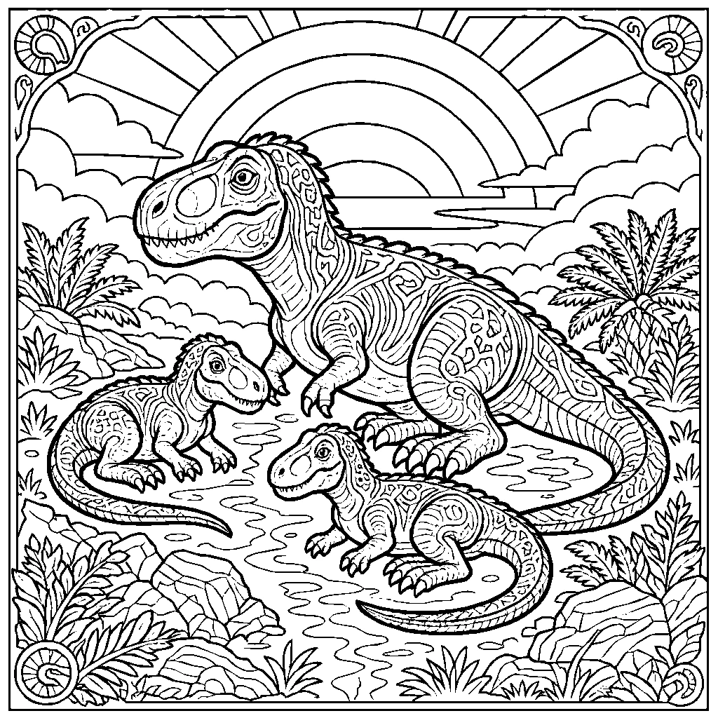Dino Trex Family Resting Sunset Sky Coloring Page