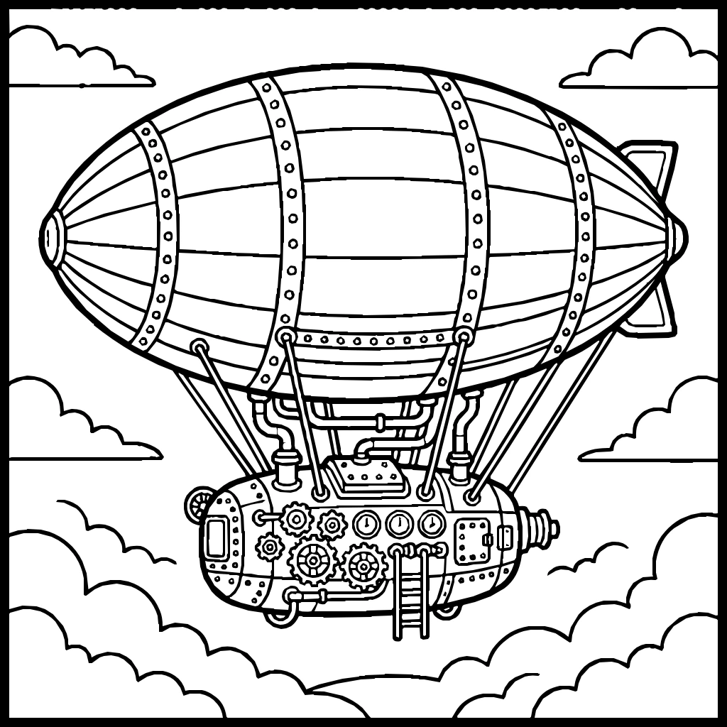 Dirigible Airship Clouds Voyage Steampunk Coloring Page