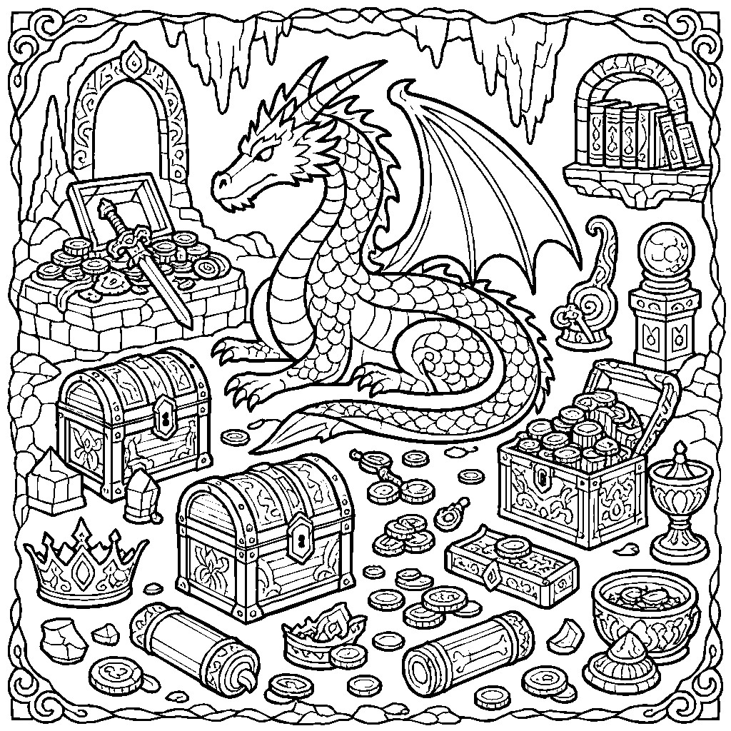 Fantasy Dragon Lair Treasure Coloring Page