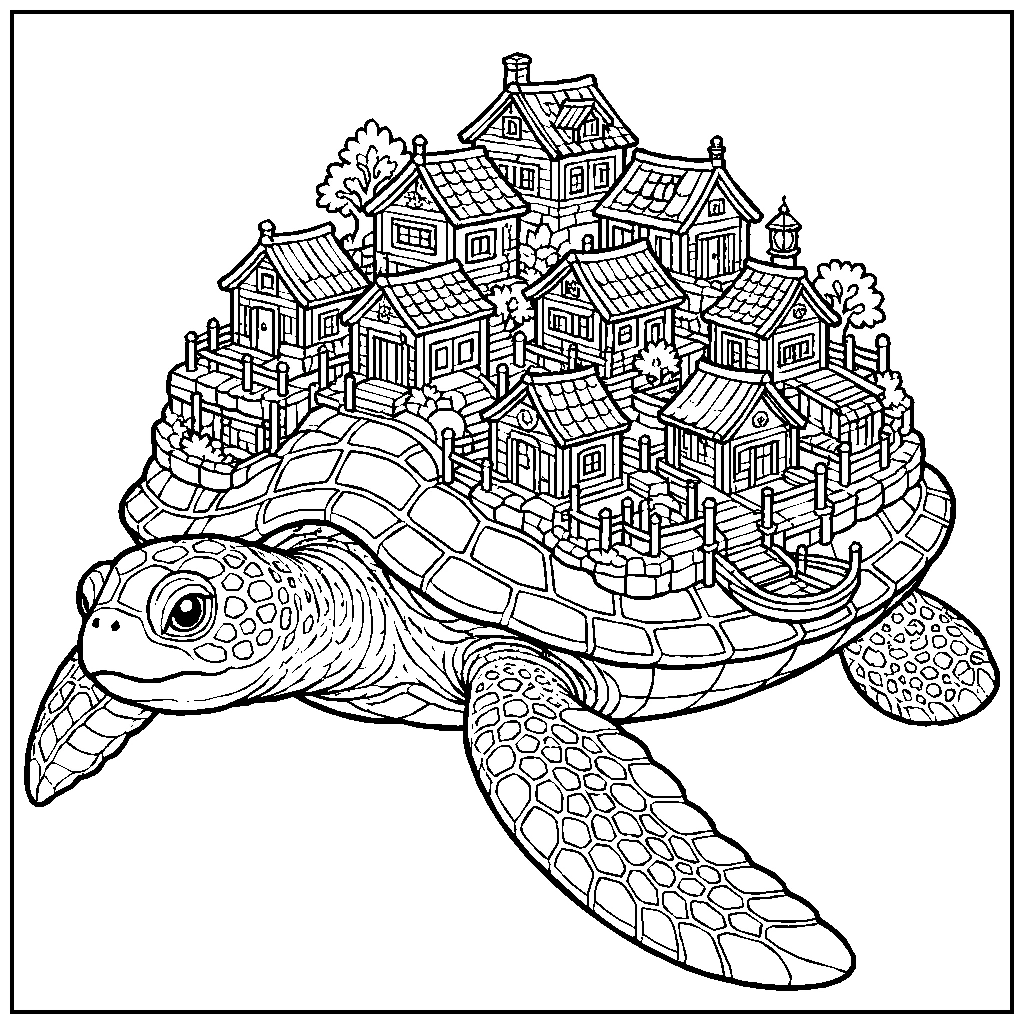 Fantasy Giant Turtle Floating Village Shell Coloring Page