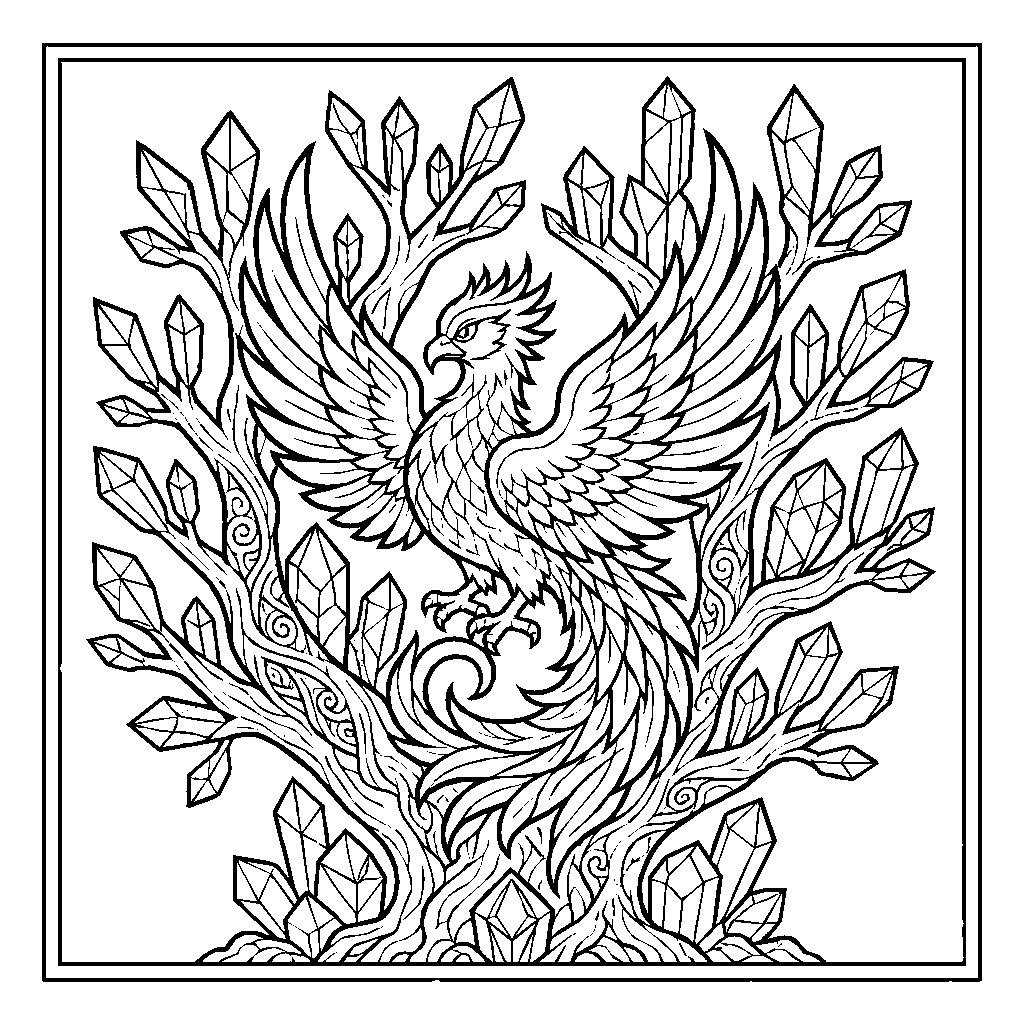Fantasy Phoenix Crystal Tree Coloring Page