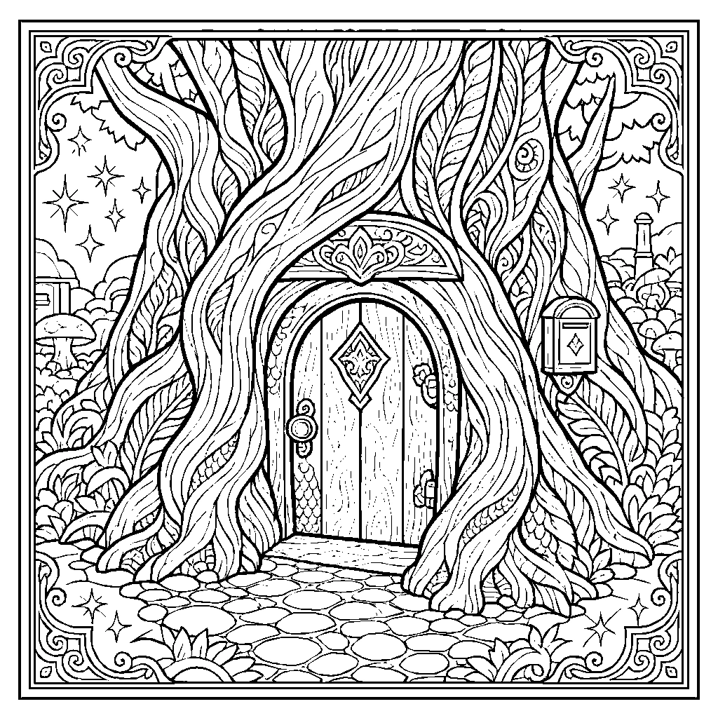 Fantasy Tree Door Other World Coloring Page