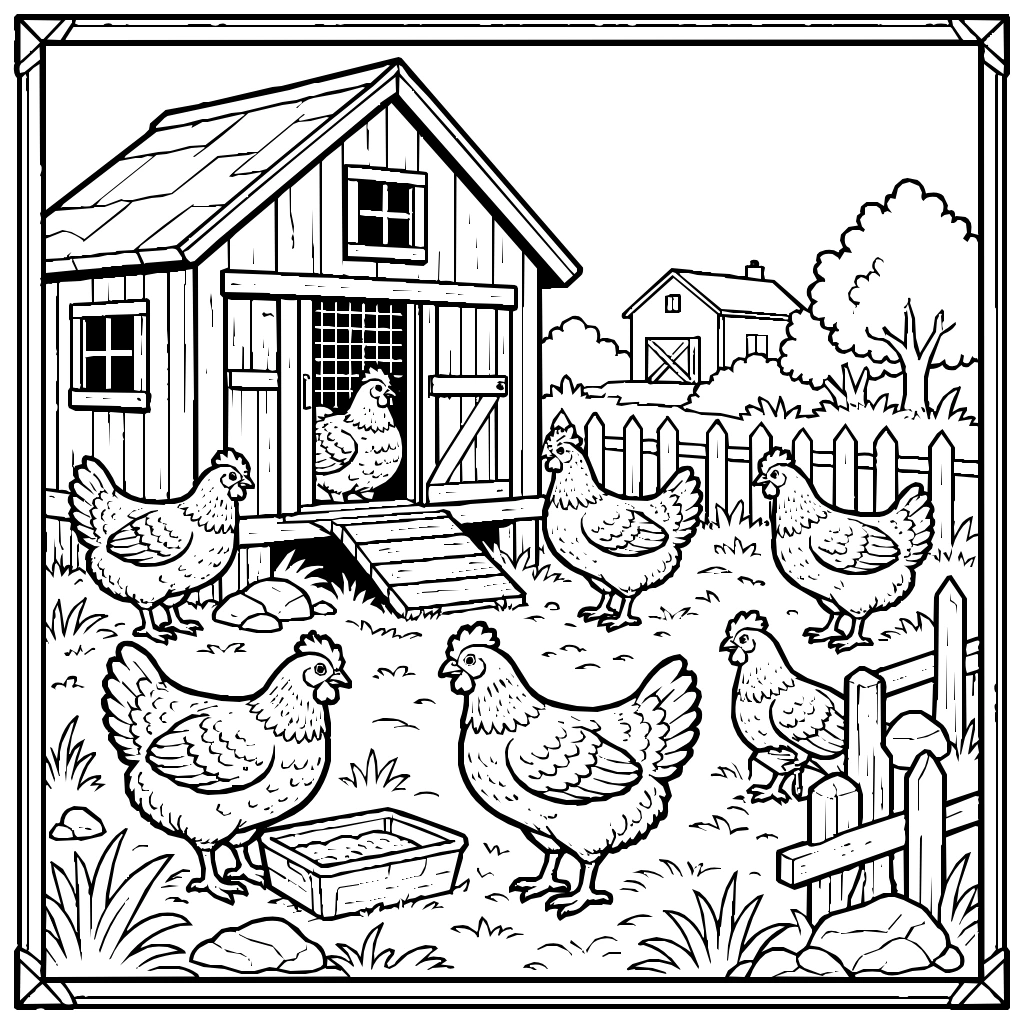Farm Chicken Coop Hens Coloring Page