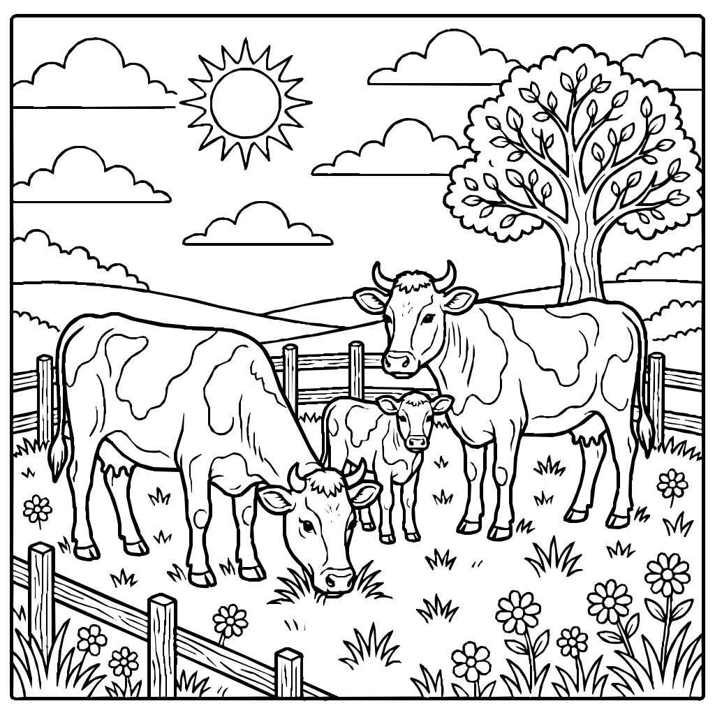 Farm Cows Pasture Fence Coloring Page