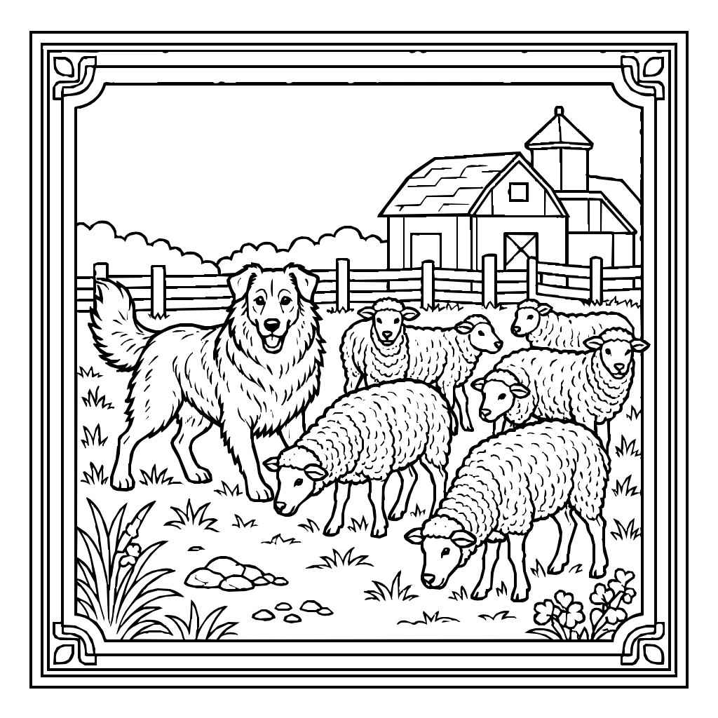 Farm Dog Herding Sheep Coloring Page