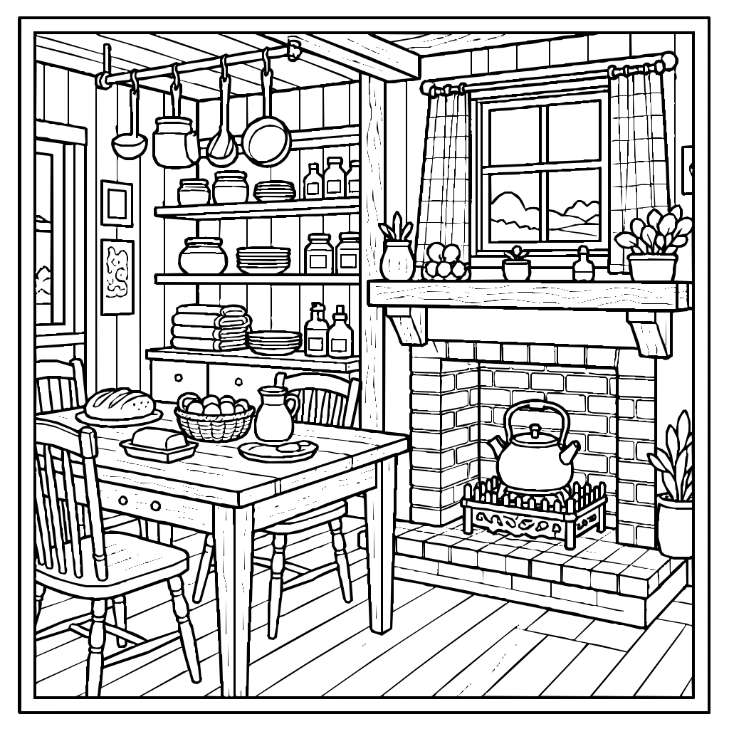 Farm Farmhouse Kitchen Hearth Coloring Page