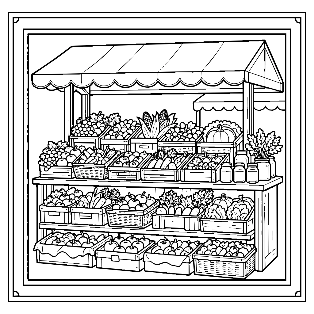 Farm Market Stand Produce Coloring Page