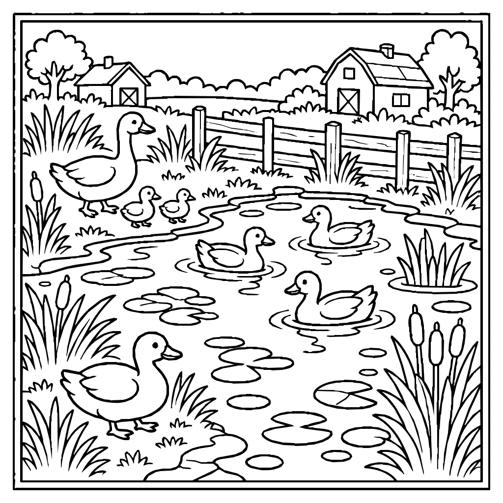 Farm Pond Ducks Geese Coloring Page
