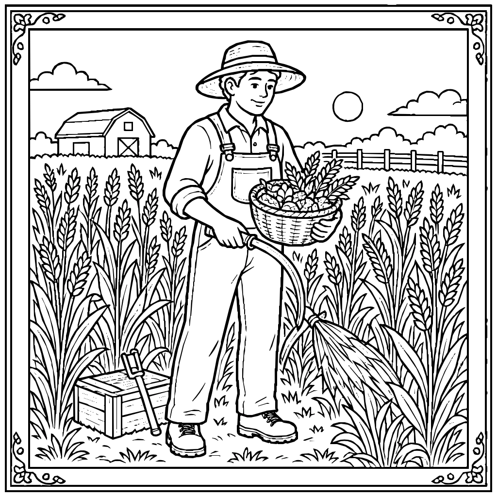 Farmer Harvesting Crops Coloring Page