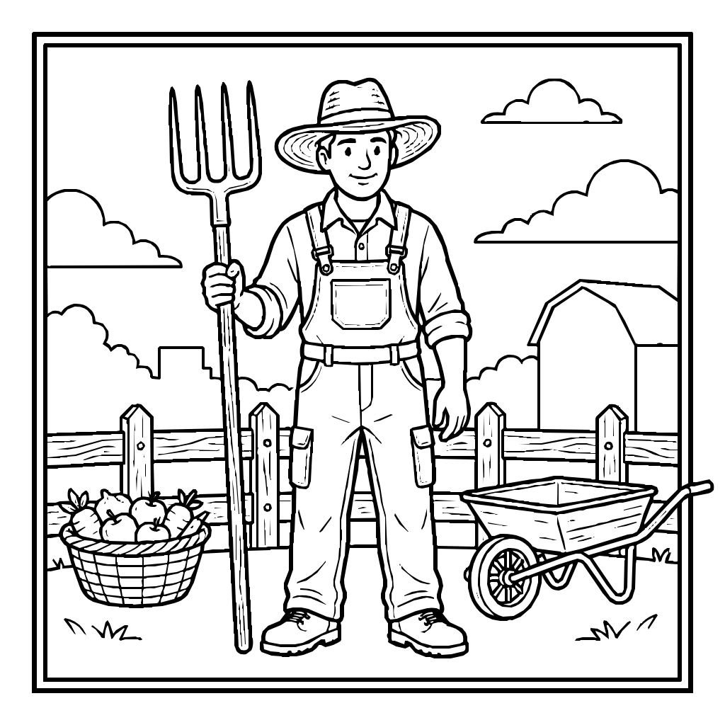 Farmer Pitchfork Hat Coloring Page