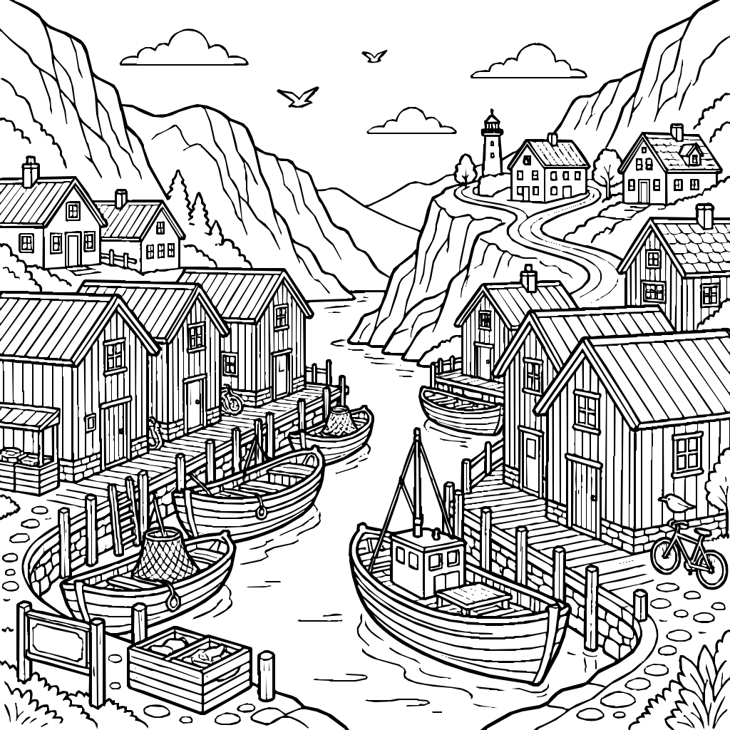 Fjord Village With Fishing Boats Coloring Page