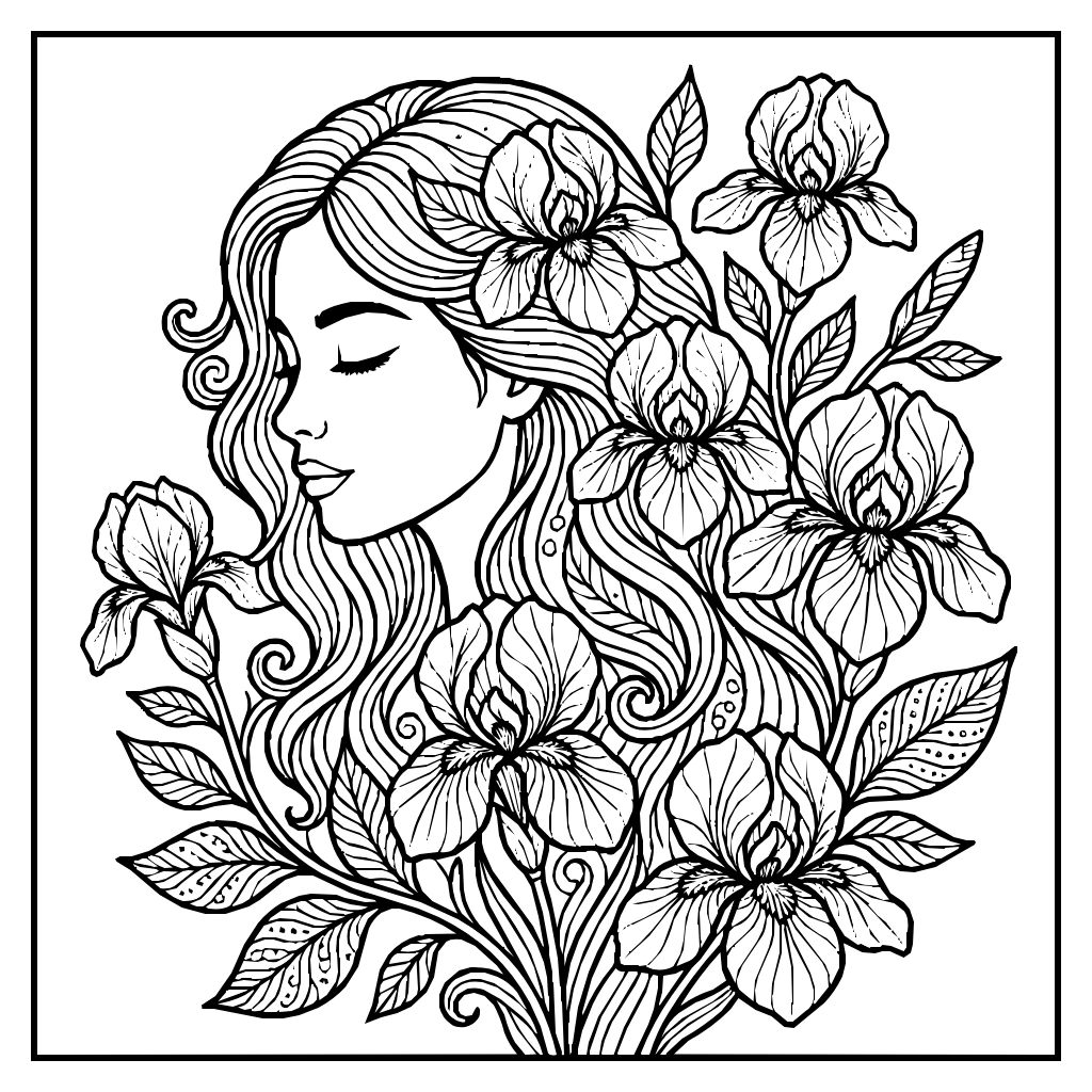 Flowing Hair Iris Vines Coloring Page