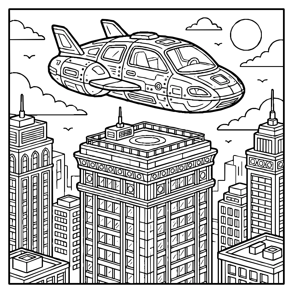 Flying Car Over City Coloring Page