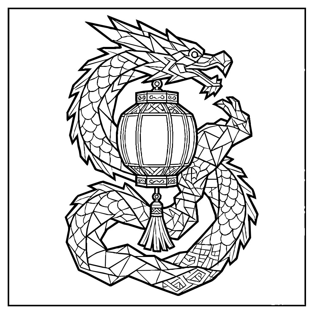 Folded Paper Dragon Coiling Around A Lantern Coloring Page