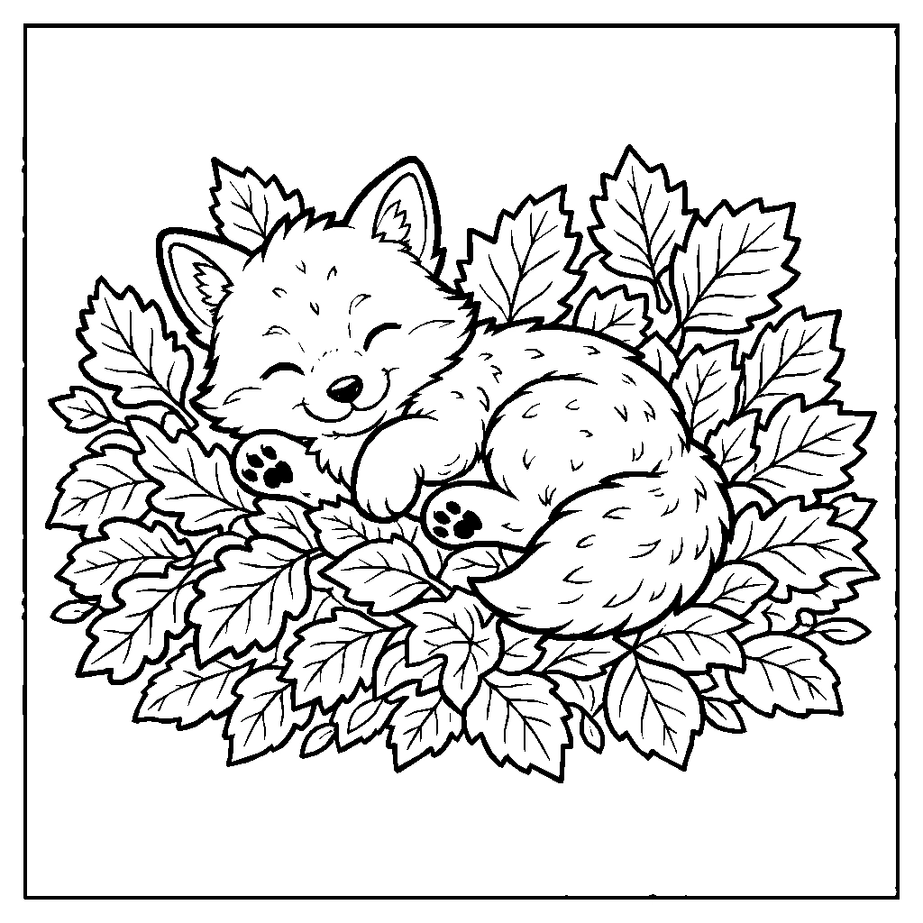 Fox Cub Rolling Autumn Leaves Coloring Page