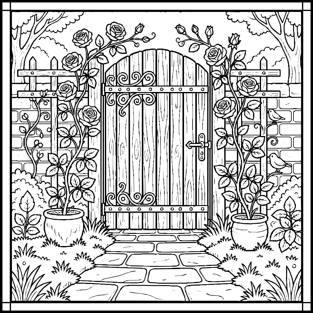 Gate Climbing Roses Coloring Page