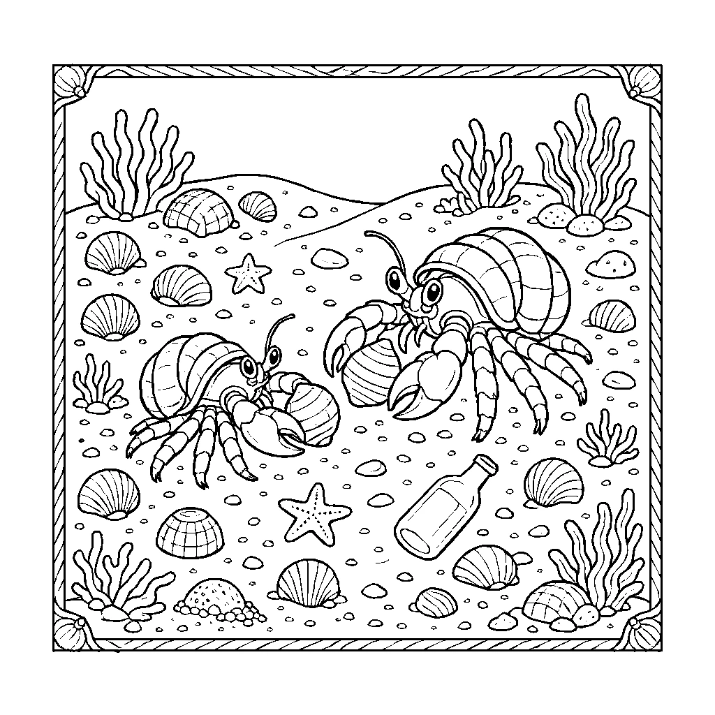 Hermit Crab Trading Shells Seafloor Coloring Page