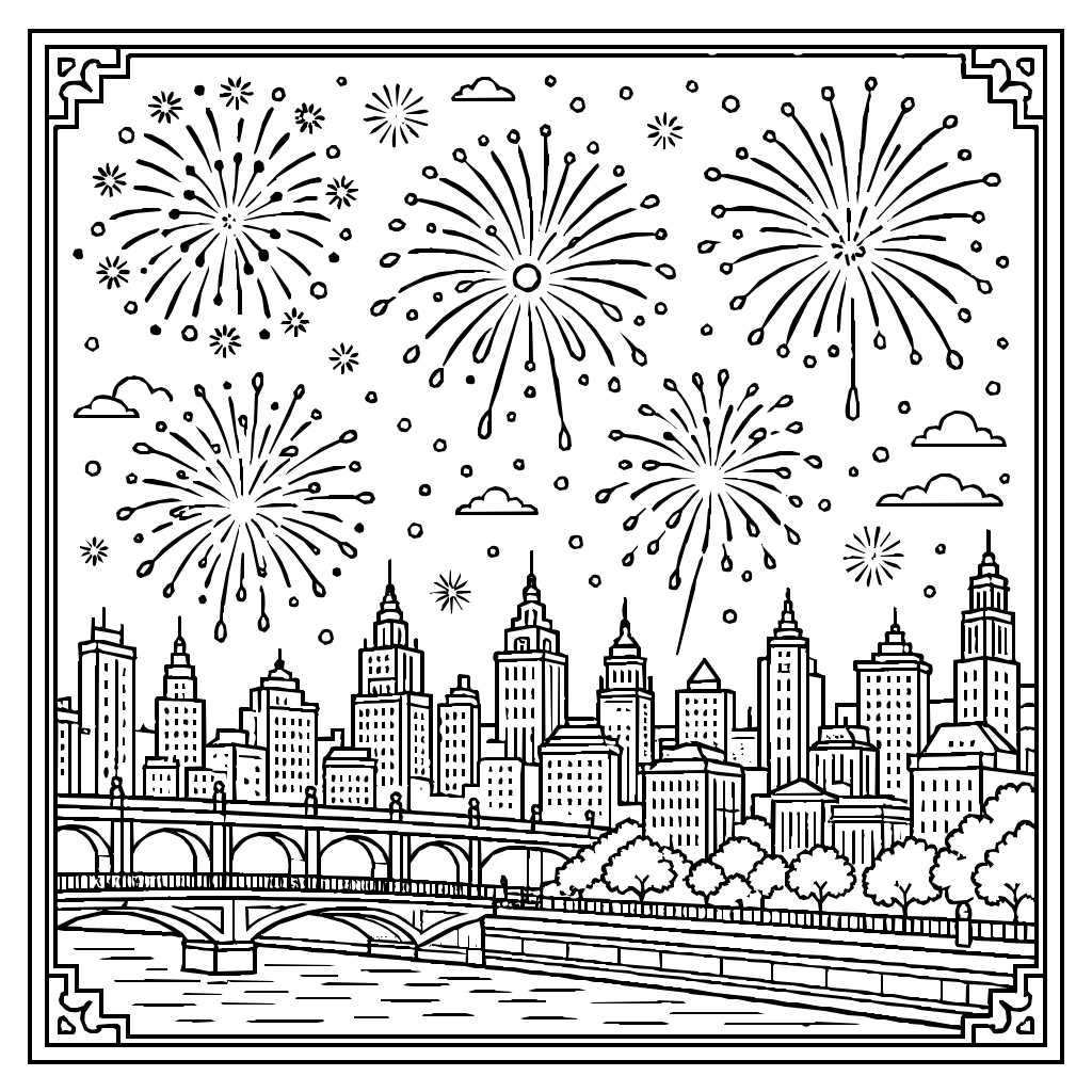 Holiday Fireworks Midnight Sky Coloring Page