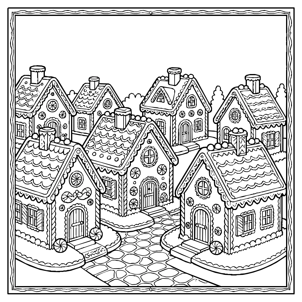 Holiday Gingerbread Village Candy Coloring Page