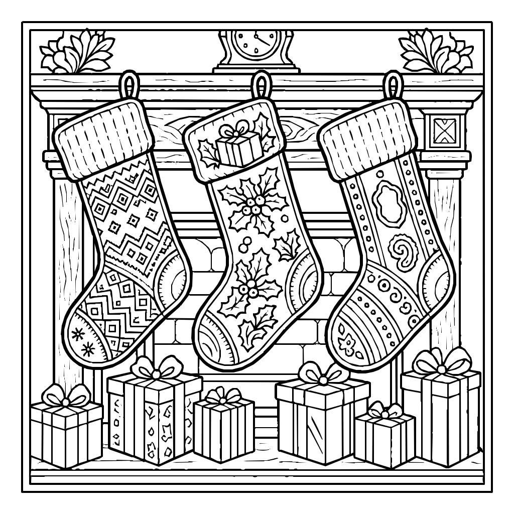 Holiday Stockings Fireplace Gifts Coloring Page