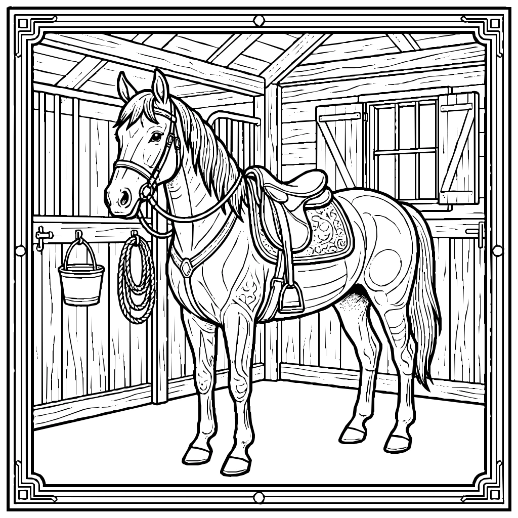 Horse Stable Saddle Coloring Page