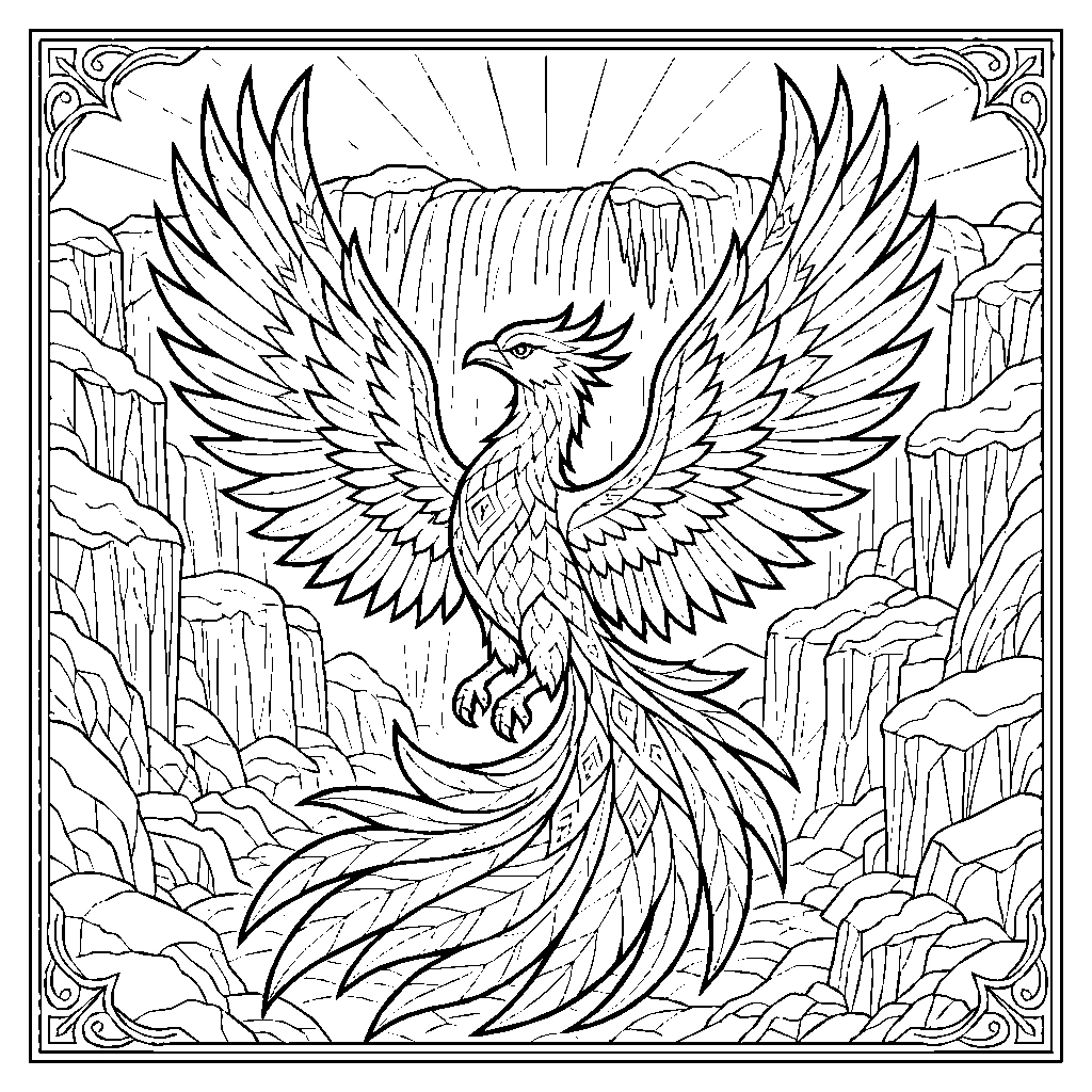 Ice Phoenix Frozen Waterfall Dawn Coloring Page