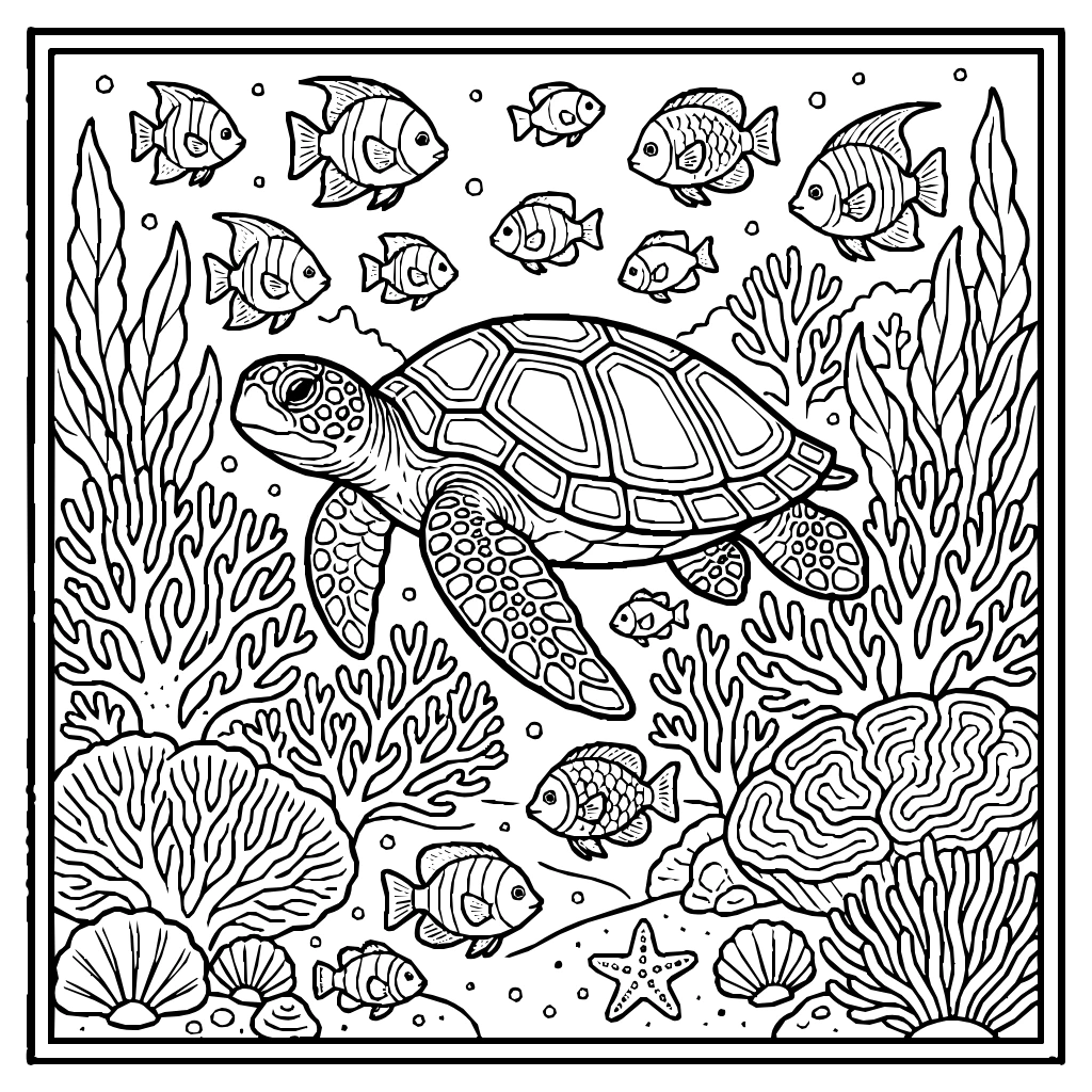 Island Coral Reef Fish Turtle Coloring Page
