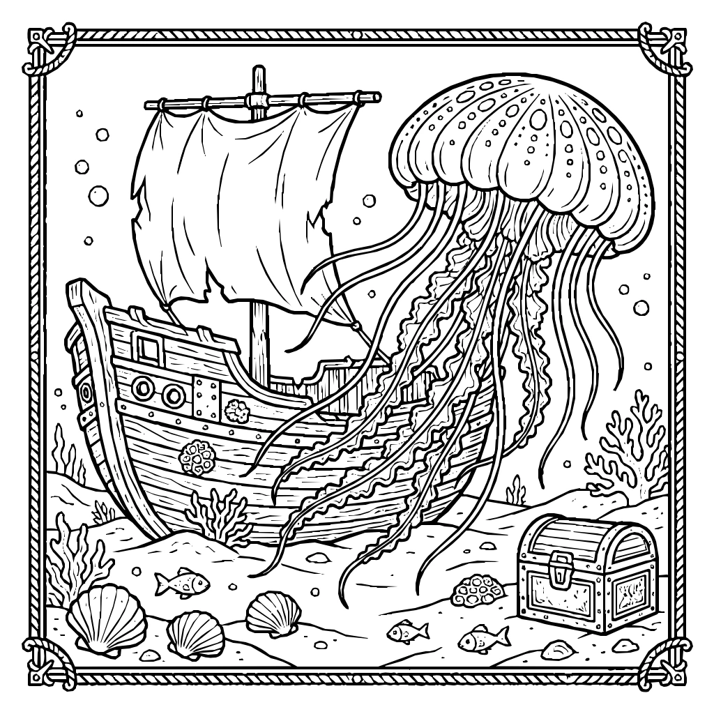 Jellyfish Sunken Ship Coloring Page