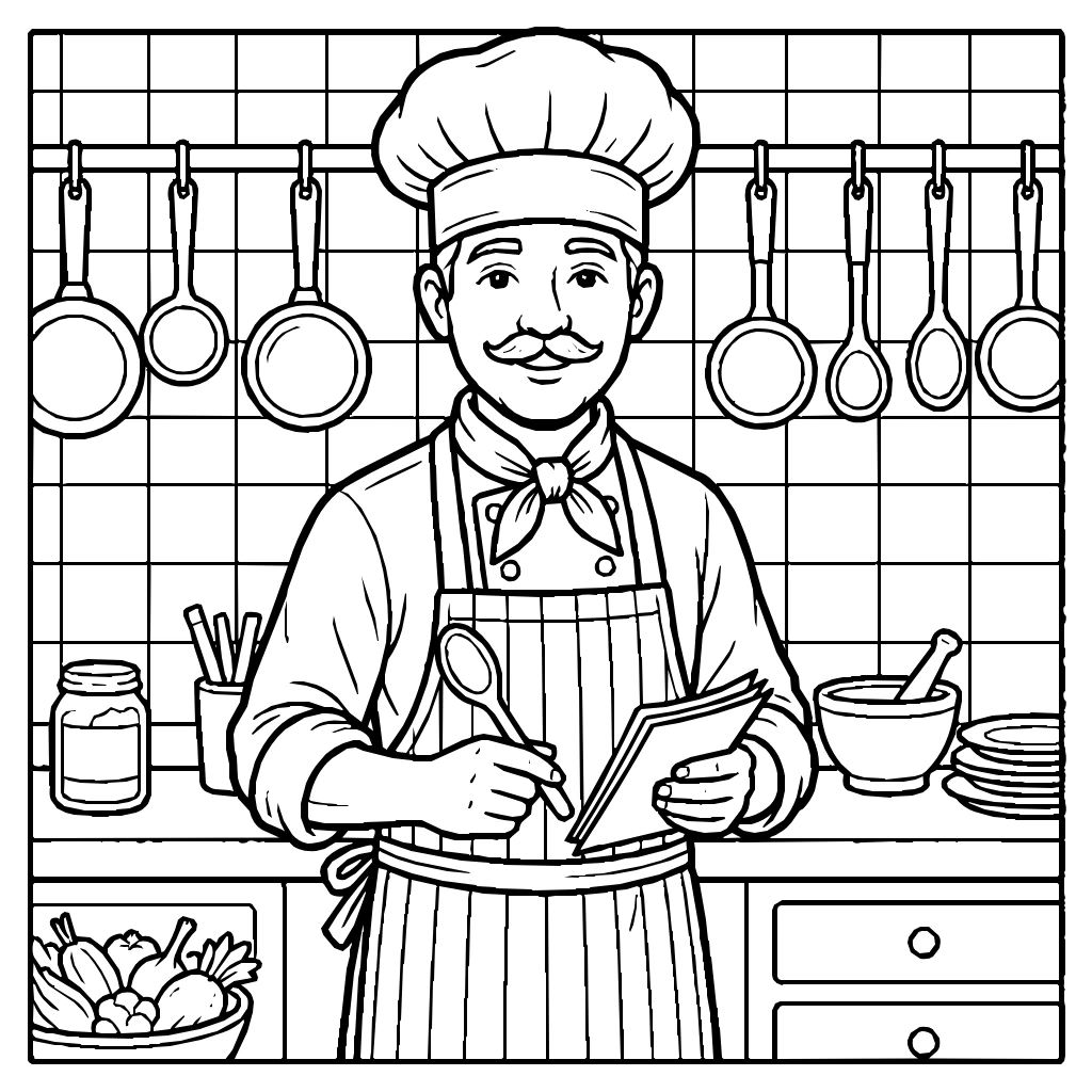 Jobs Chef Toque Striped Apron Coloring Page