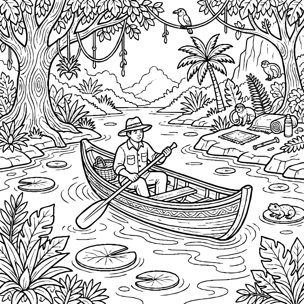 Jungle River Canoe Fisherman Coloring Page