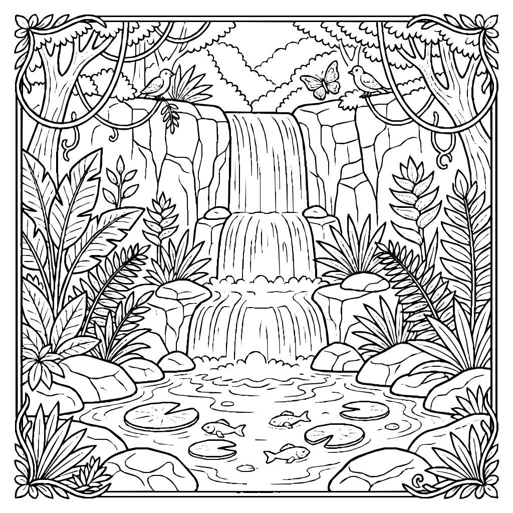 Jungle Waterfall Cascading Pool Coloring Page