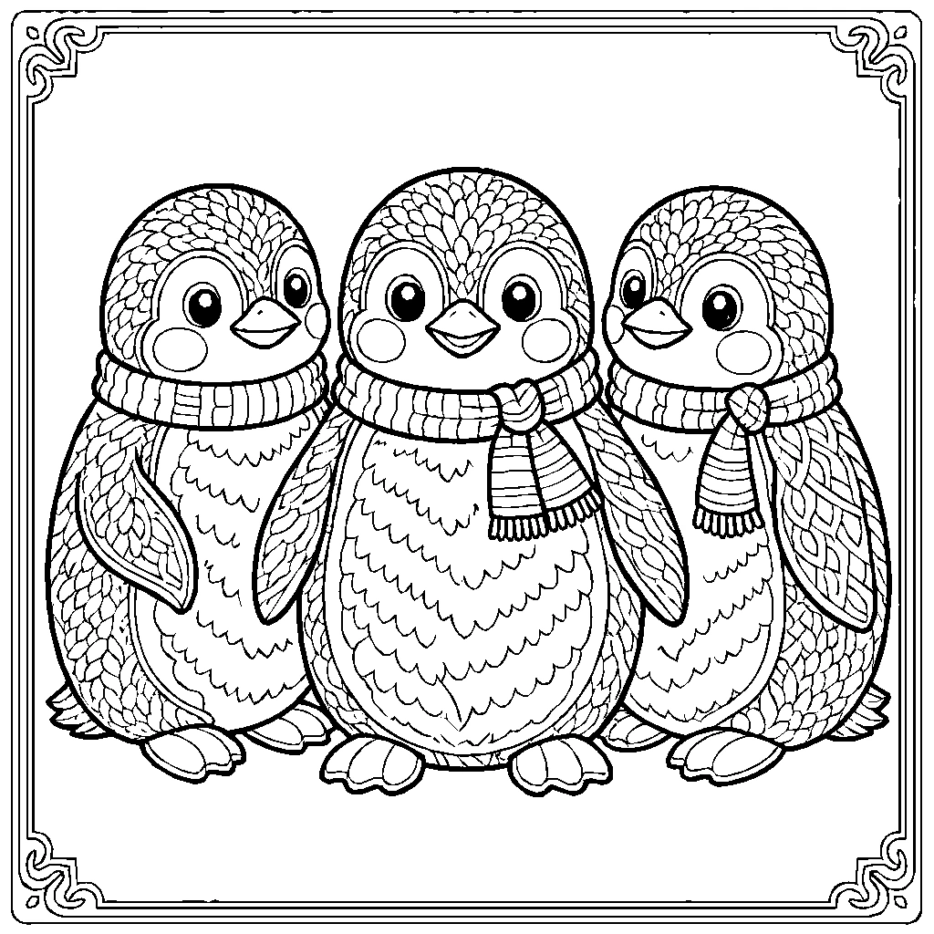 Kawaii 3 Penguin Scarf Coloring Page