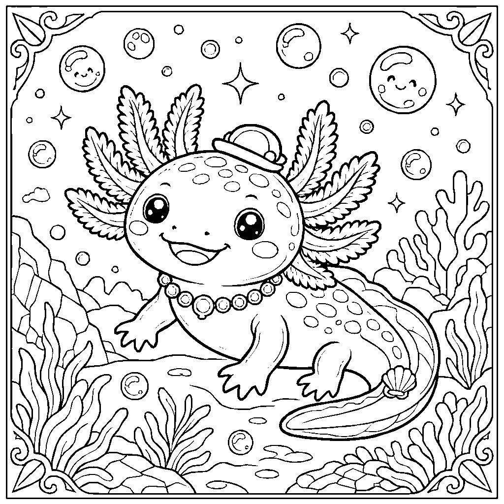 Kawaii Axolotl Bubbles Underwater Coloring Page