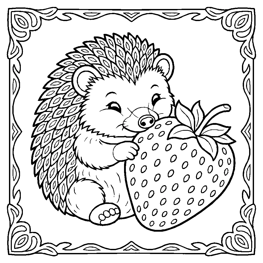 Kawaii Baby Hedgehog Eating Strawberry Coloring Page